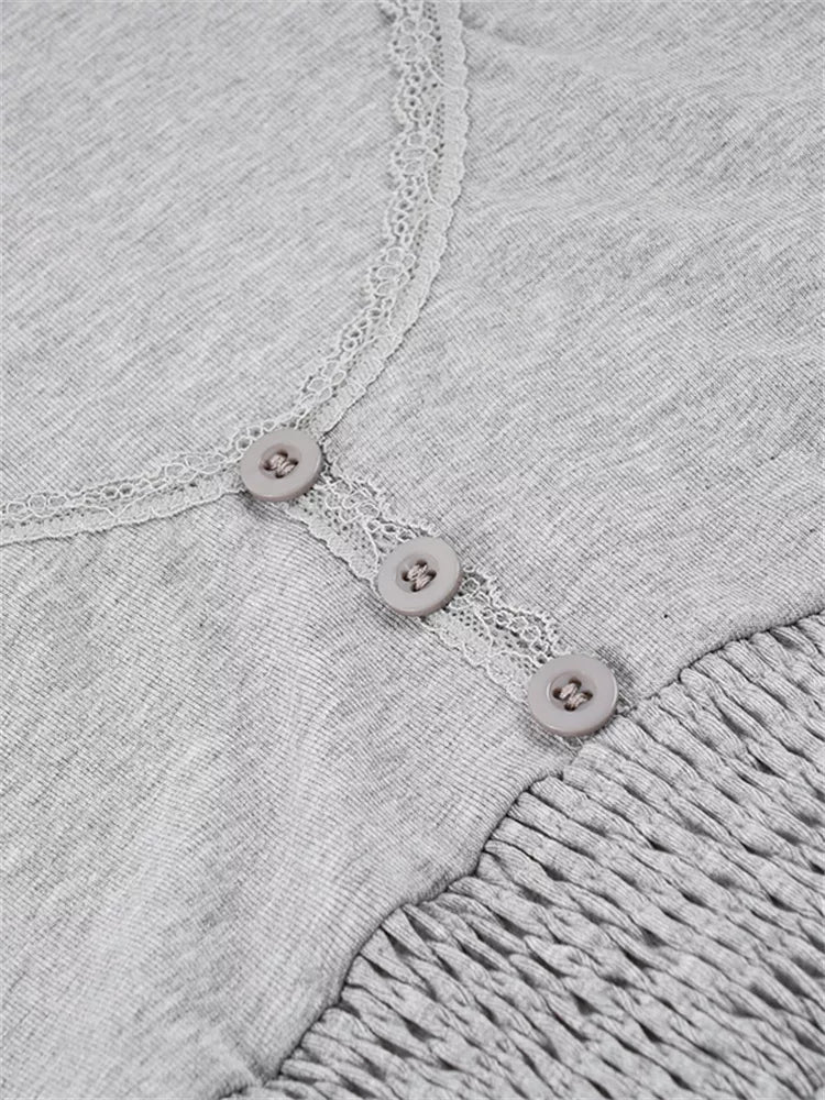 Black Lace Trim V-Neck Smocked Bell Sleeve Top