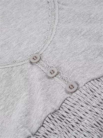 Black Lace Trim V-Neck Smocked Bell Sleeve Top