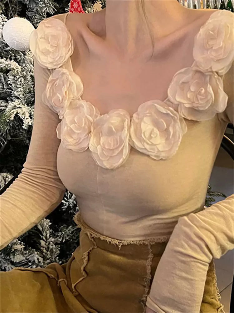 Langarm-T-Shirt im französischen Stil mit floralem Dekor