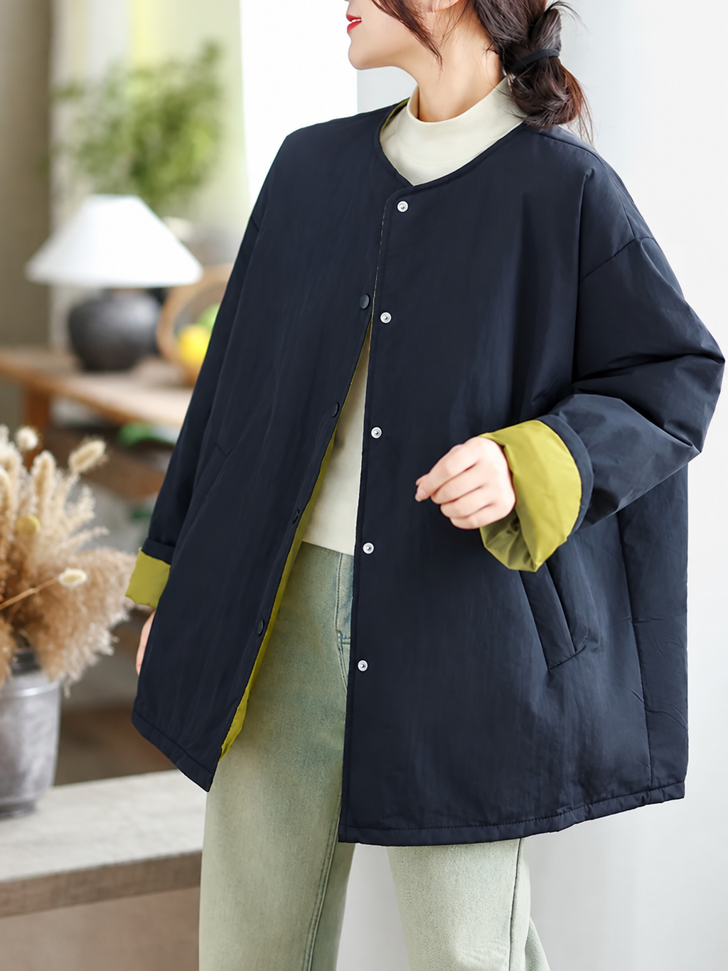 Quilted Padded Coat with Contrast Cuffs and Round Neck