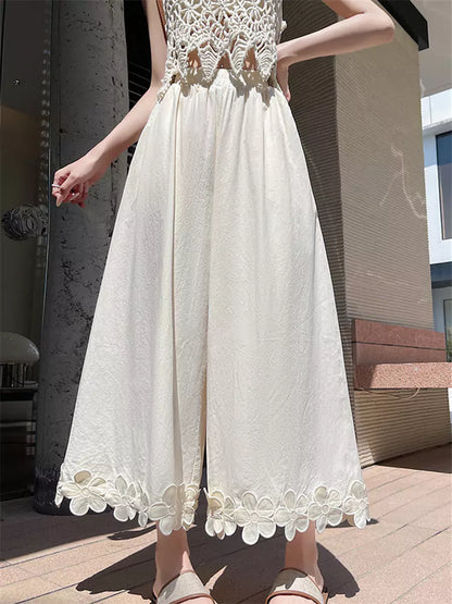 Pantalones de algodón de cintura alta y pierna ancha con diseño floral de patchwork para mujer