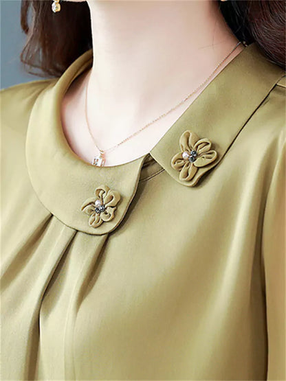 Blusa de seda morera de verano con cuello Peter Pan y mangas 3/4 para mujer