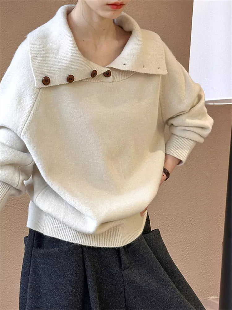 Korean Style White Solid Color Collared Knit Pullover with Design