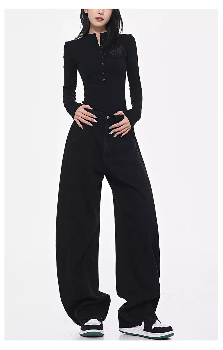 Vintage Deconstructed Curved Denim Wide-Leg Jeans for Women