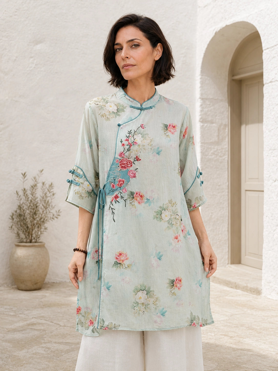 Relaxed Floral Tunic with Embroidered Panel & Tie Detail