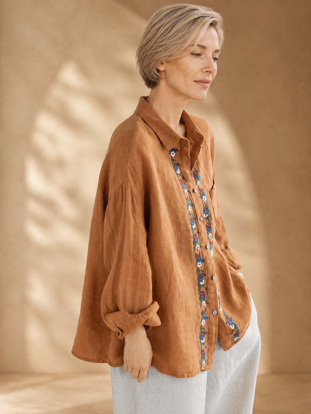 Relaxed 100% Linen Shirt with Dimensional Floral Embroidery