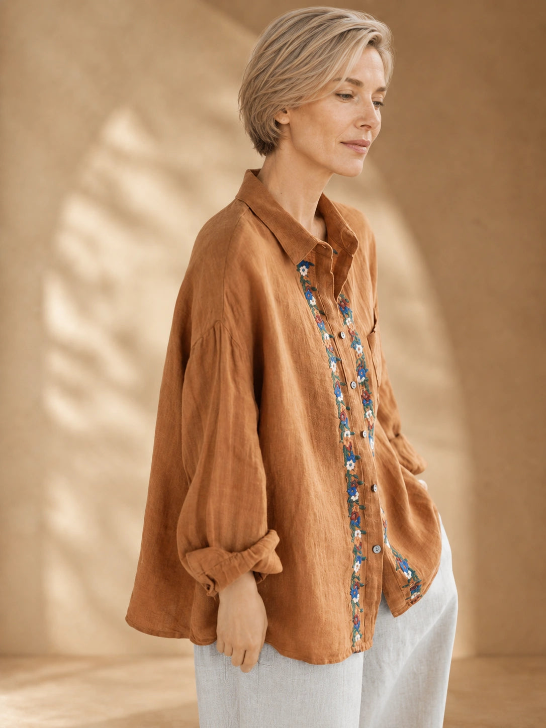 Relaxed 100% Linen Shirt with Dimensional Floral Embroidery