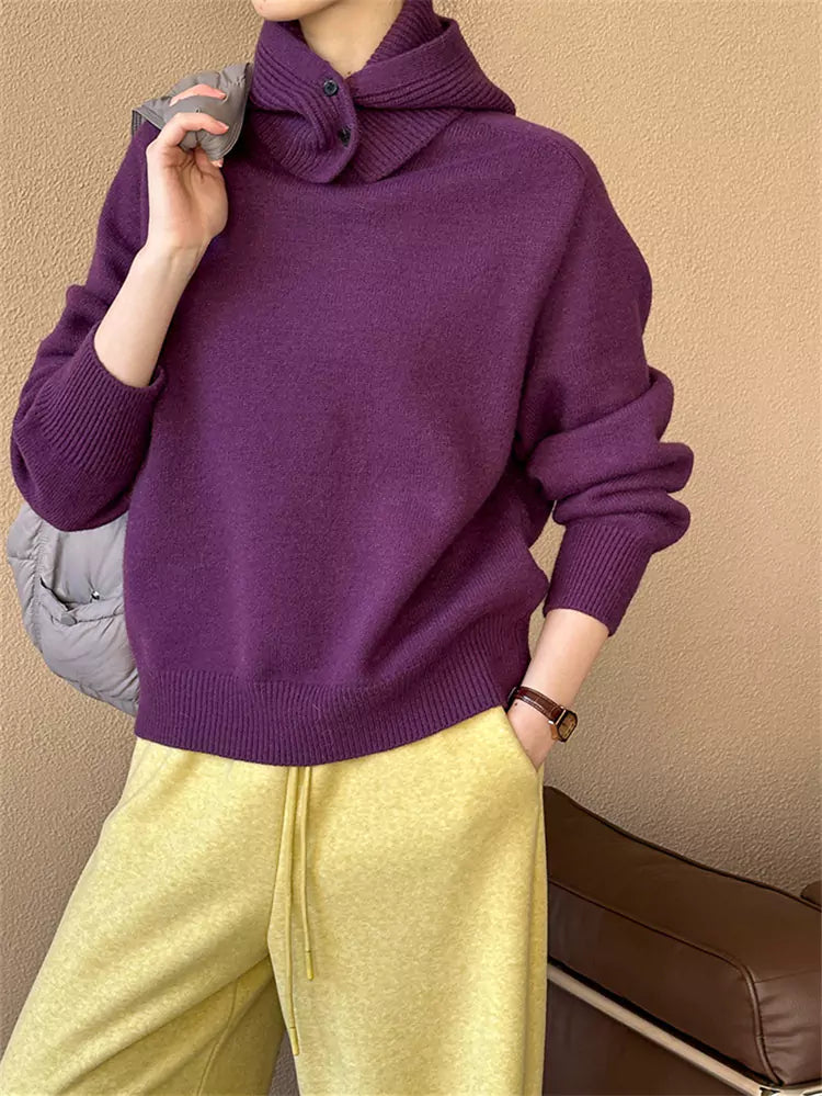 Women's Yellow Detachable Hood Round Neck Knit Sweater with Design