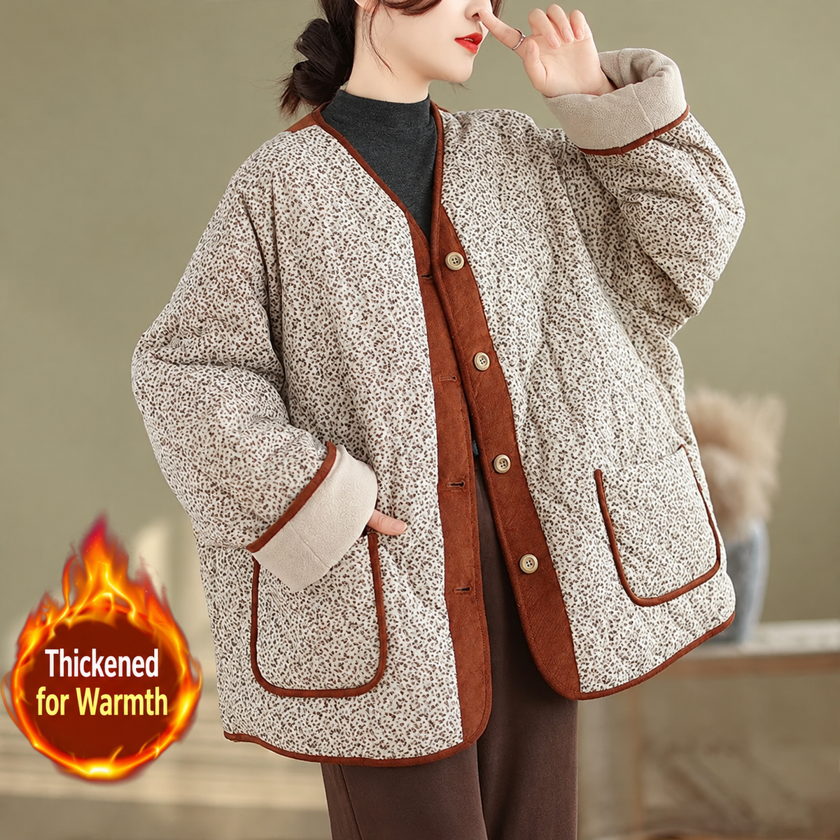 Retro Floral Quilted Fleece-Lined Jacket