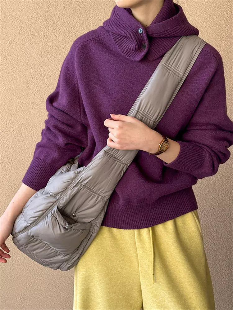 Gelber Damen-Strickpullover mit abnehmbarer Kapuze und Rundhalsausschnitt mit Design