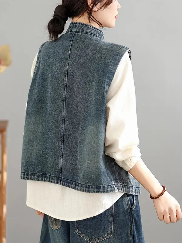 Distressed Washed Denim Vest for Women