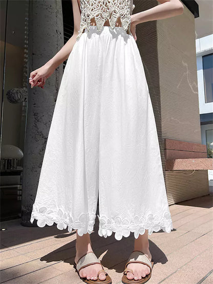 Pantalones de algodón de cintura alta y pierna ancha con diseño floral de patchwork para mujer