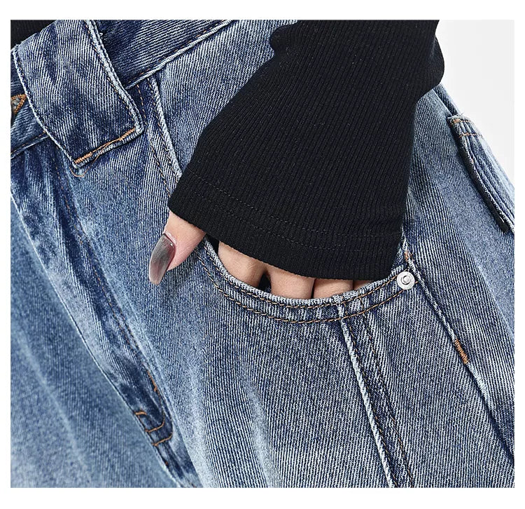 Vintage Deconstructed Curved Denim Wide-Leg Jeans for Women
