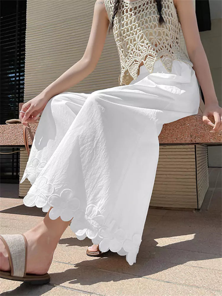 Pantalones de algodón de cintura alta y pierna ancha con diseño floral de patchwork para mujer