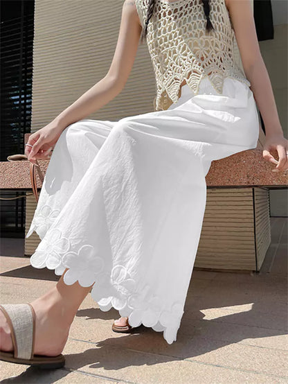 Pantalones de algodón de cintura alta y pierna ancha con diseño floral de patchwork para mujer