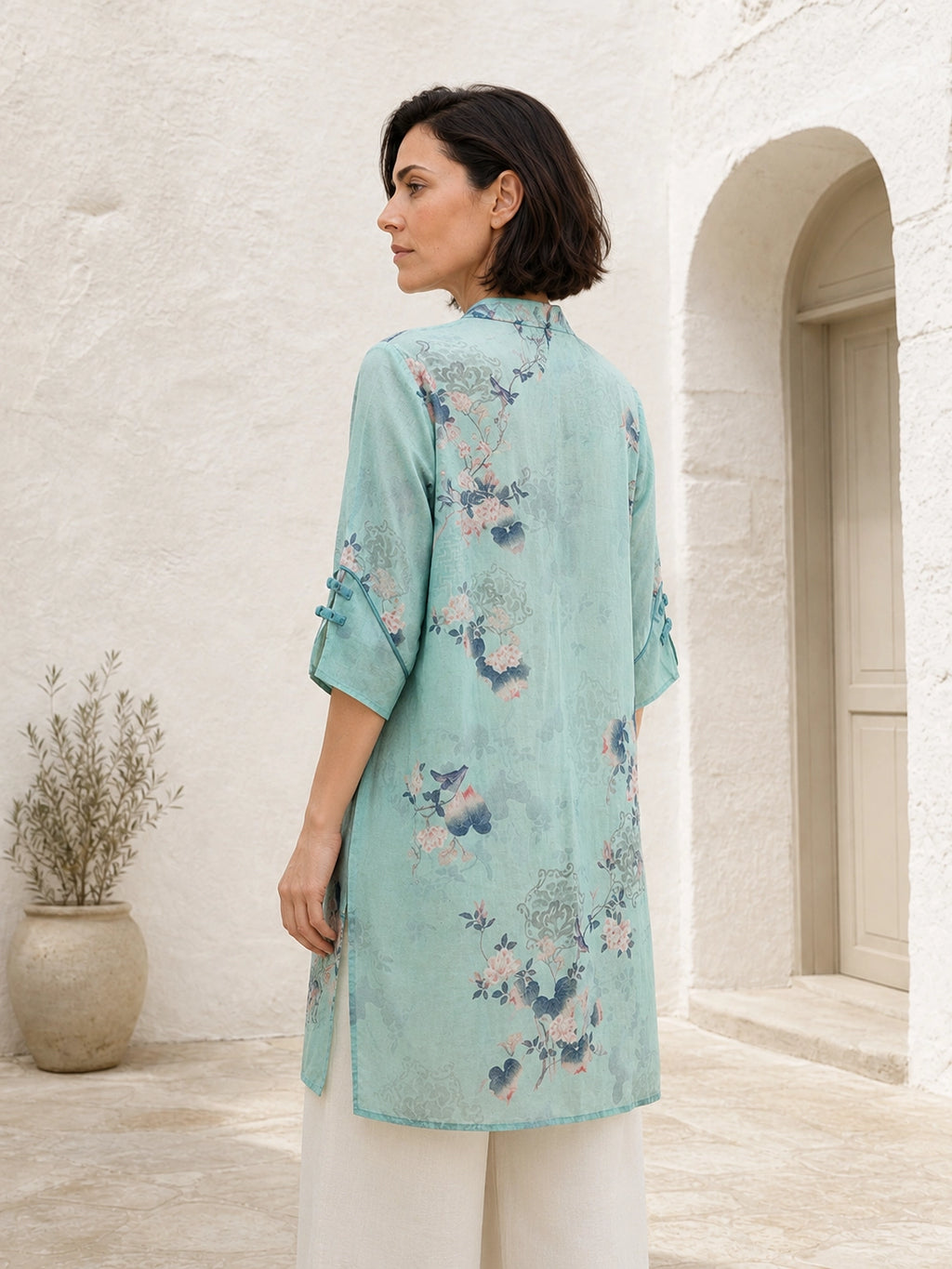 Relaxed Floral Tunic with Embroidered Panel & Tie Detail