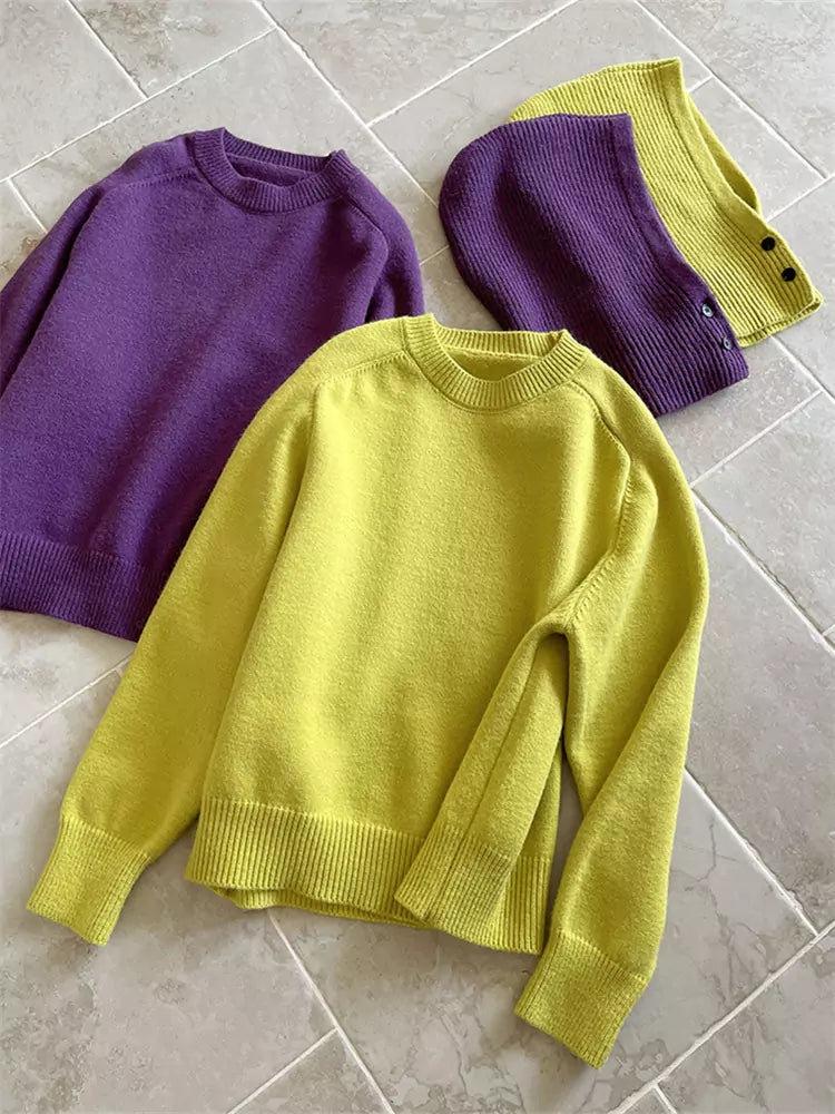 Gelber Damen-Strickpullover mit abnehmbarer Kapuze und Rundhalsausschnitt mit Design