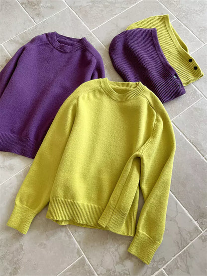 Suéter de punto con cuello redondo y capucha desmontable para mujer, color amarillo, con diseño