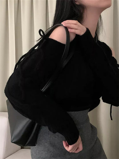 Women's Vintage Burgundy Cold Shoulder Cable Knit Sweater Ribbon Lace-Up Sleeve