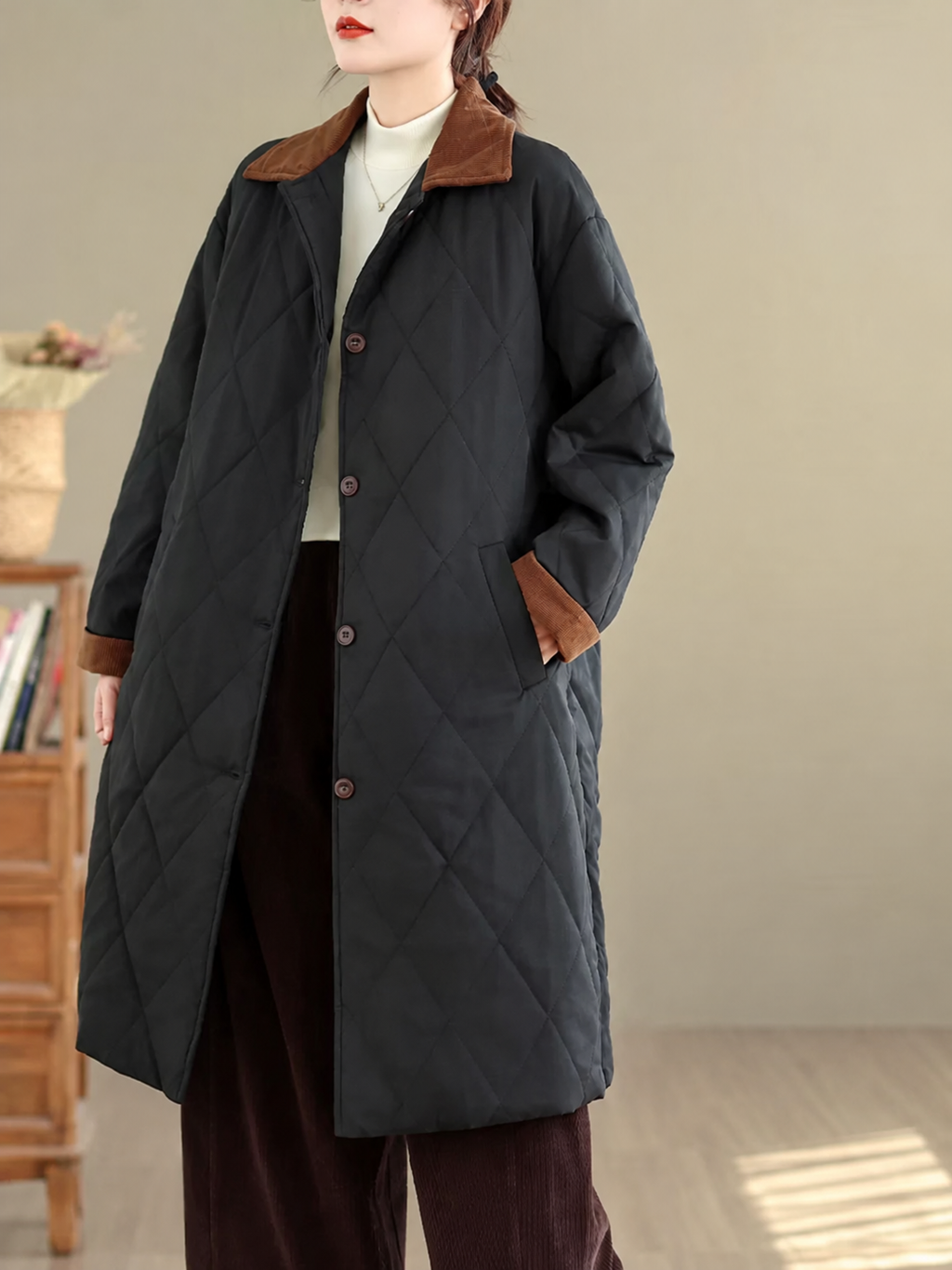 Quilted Padded Coat with Contrast Corduroy Collar