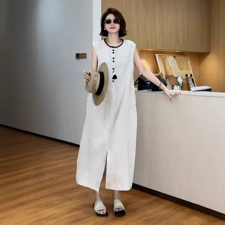French Linen Sleeveless Midi Dress with Side Slit