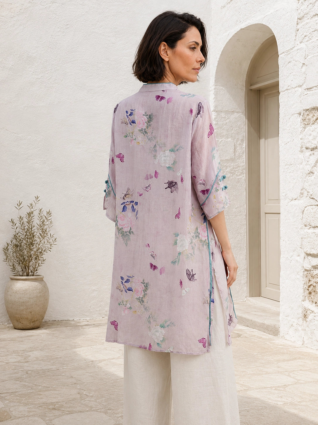Relaxed Floral Tunic with Embroidered Panel & Tie Detail