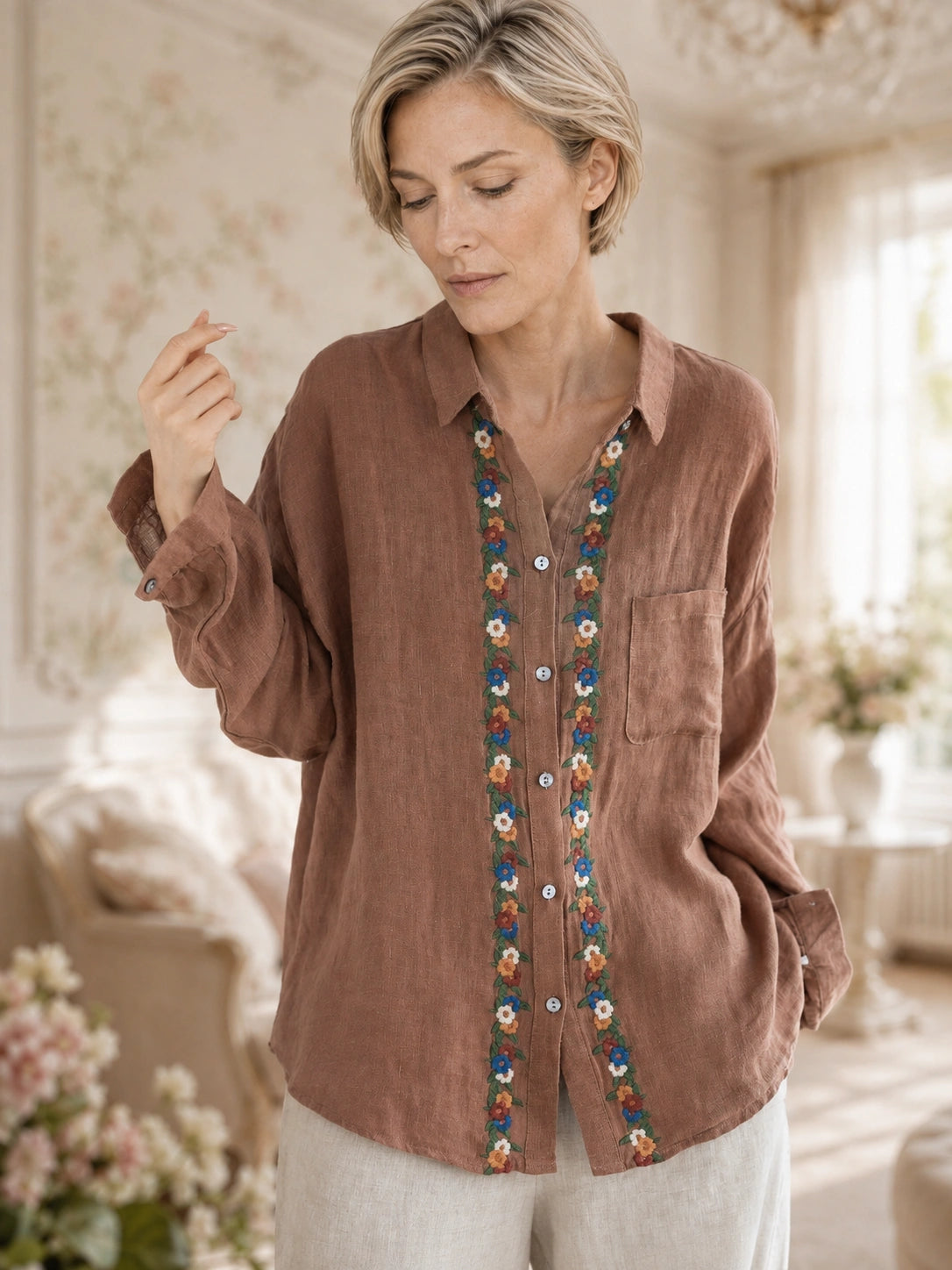 Relaxed 100% Linen Shirt with Dimensional Floral Embroidery