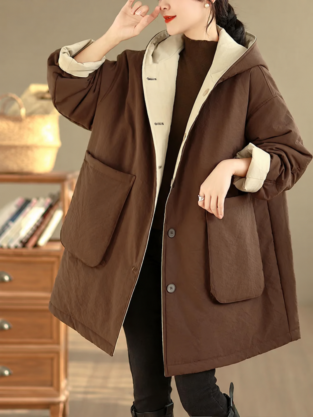 Reversible Hooded Padded Coat with Patch Pockets