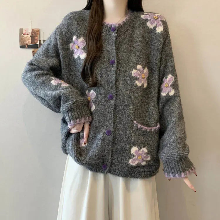 Gray Floral Embroidered Knit Cardigan Sweater