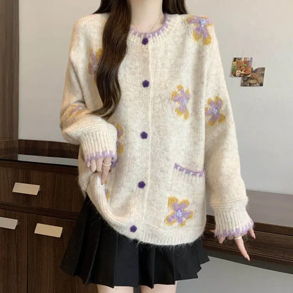 Gray Floral Embroidered Knit Cardigan Sweater