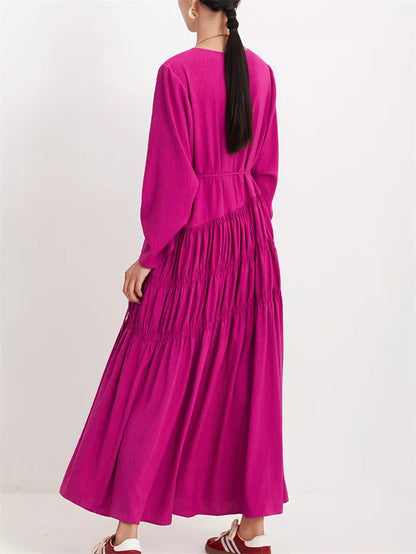 Women's Burgundy Crinkled Texture Maxi Dress