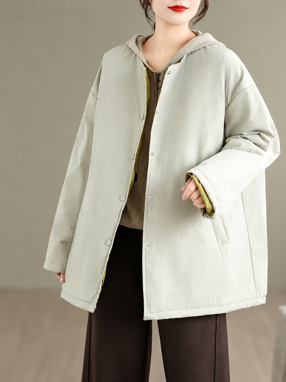 Quilted Padded Coat with Contrast Cuffs and Round Neck