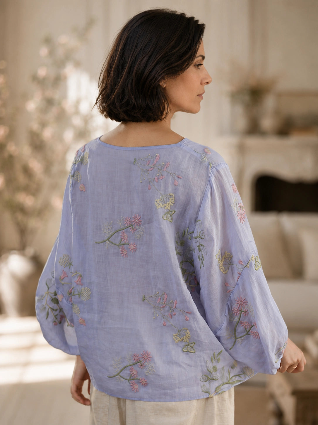 100% Ramie Top with Floral Embroidery & Lantern Sleeves