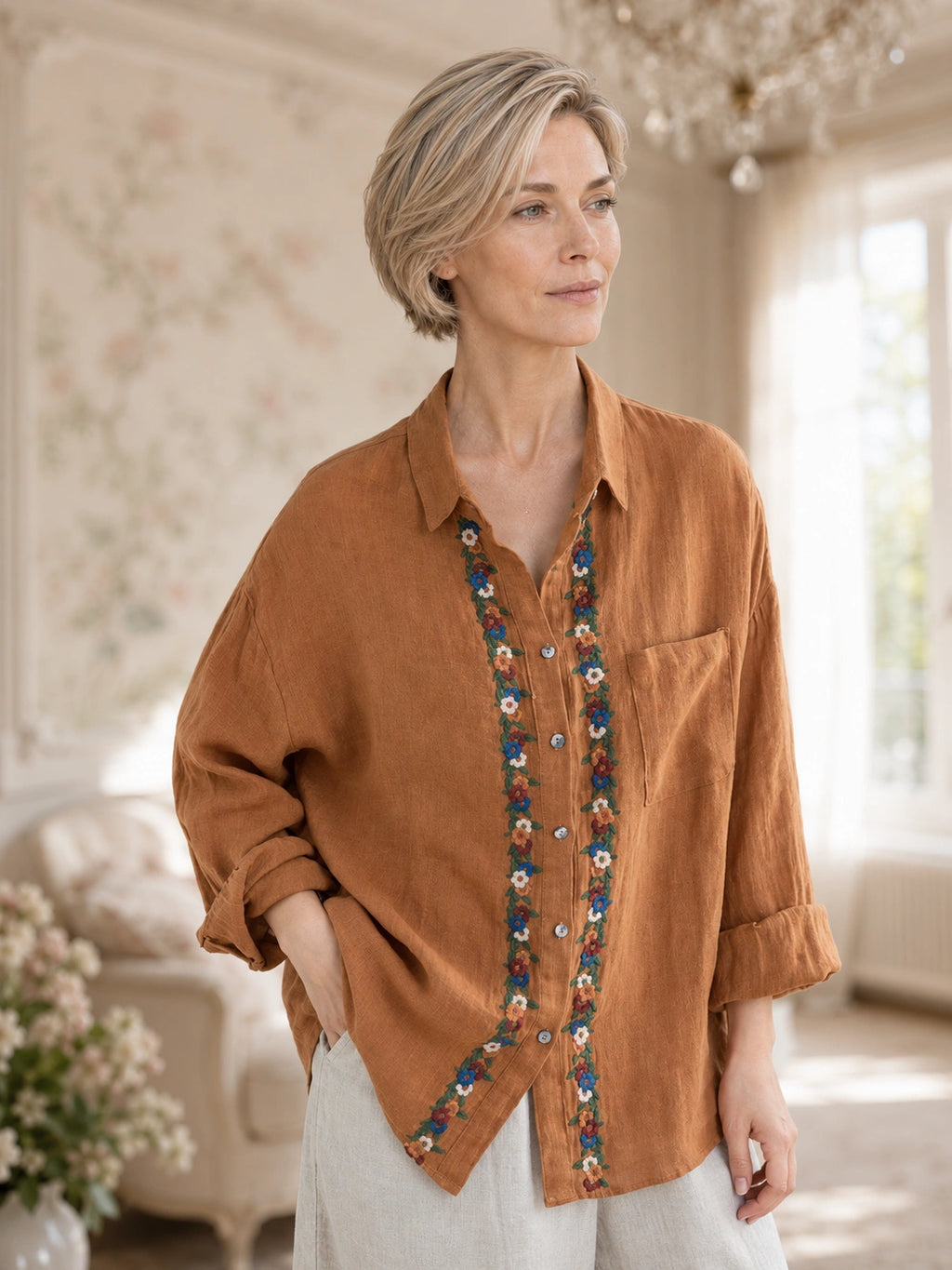 Relaxed 100% Linen Shirt with Dimensional Floral Embroidery