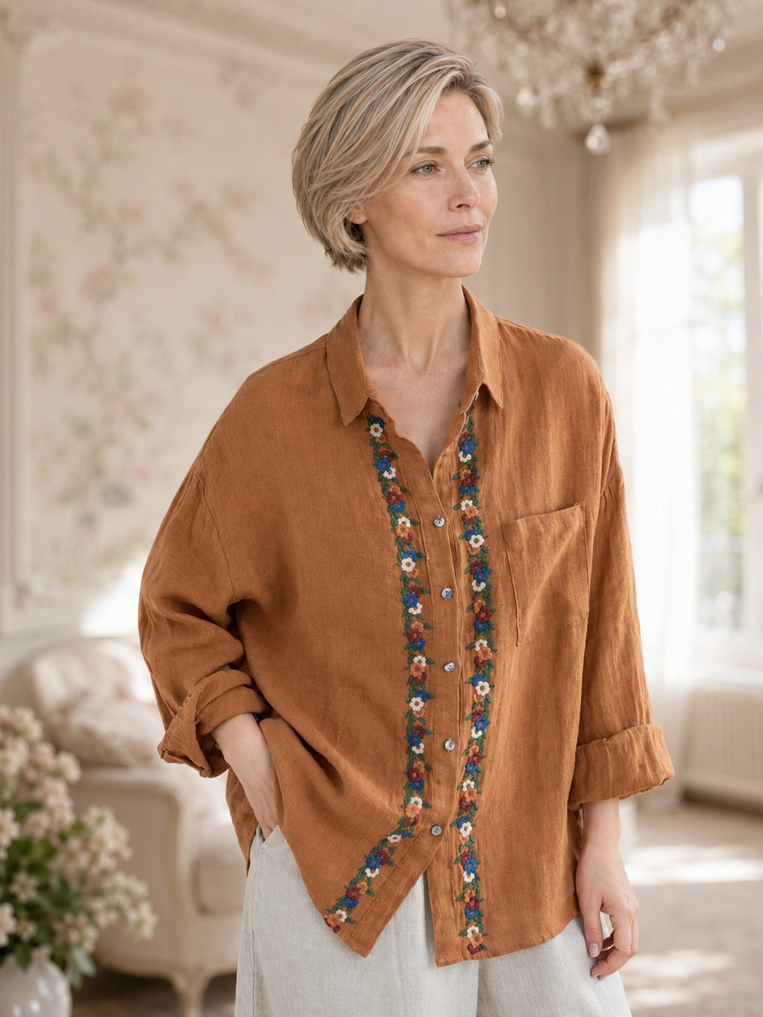 Relaxed 100% Linen Shirt with Dimensional Floral Embroidery