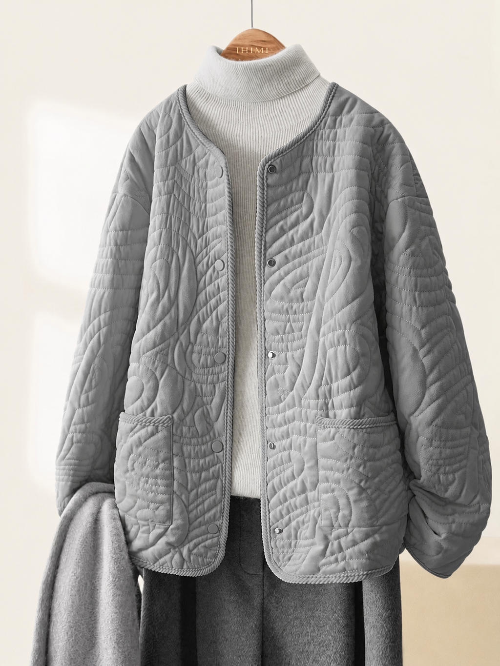 Quilted Padded Jacket with Braided Cord Trim and Snap Closure
