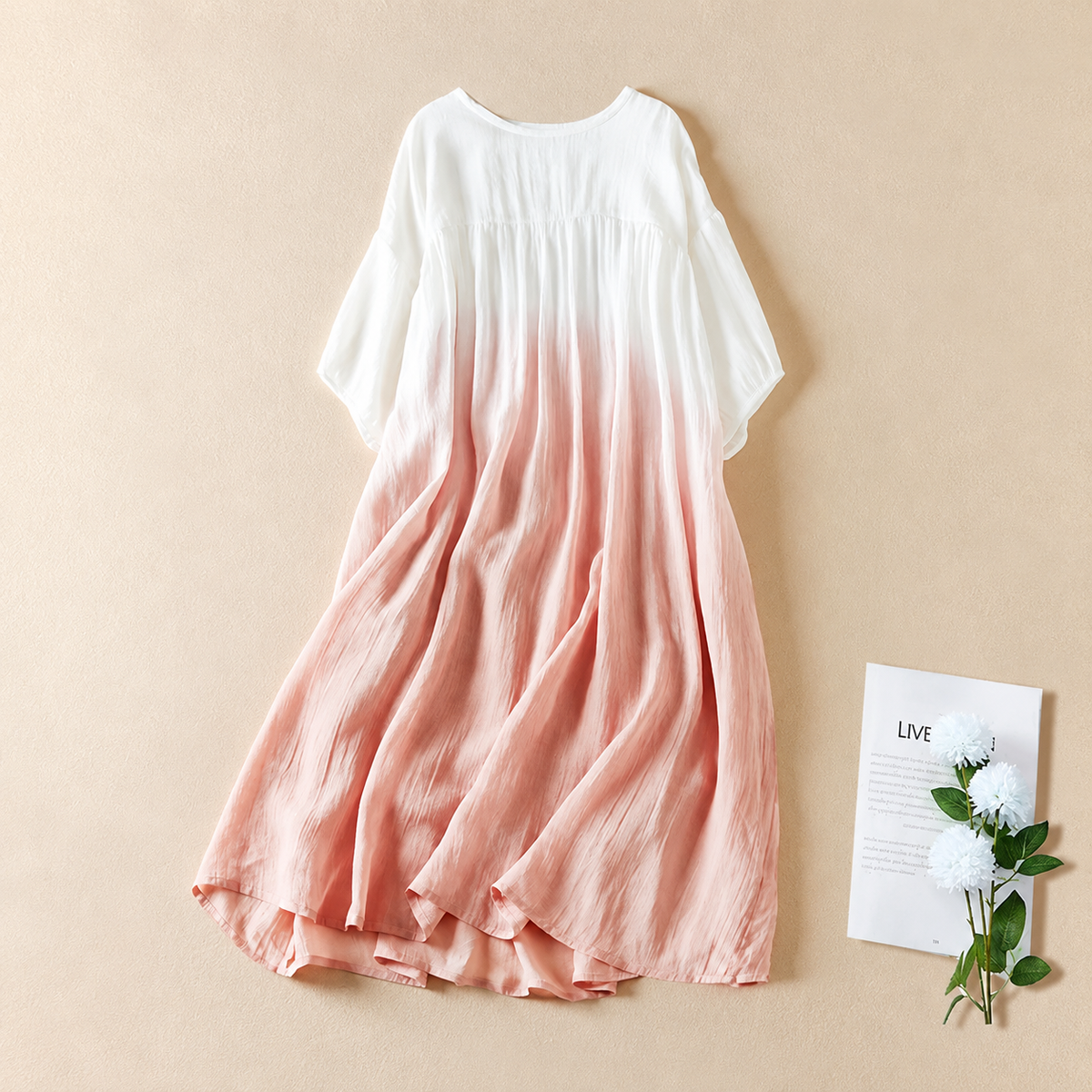 Gradient Dye Ramie Texture Empire Waist Midi Dress