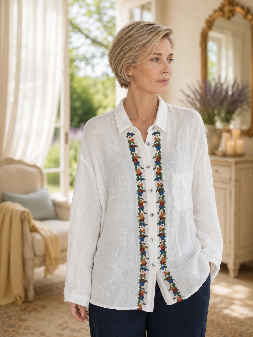 Relaxed 100% Linen Shirt with Dimensional Floral Embroidery