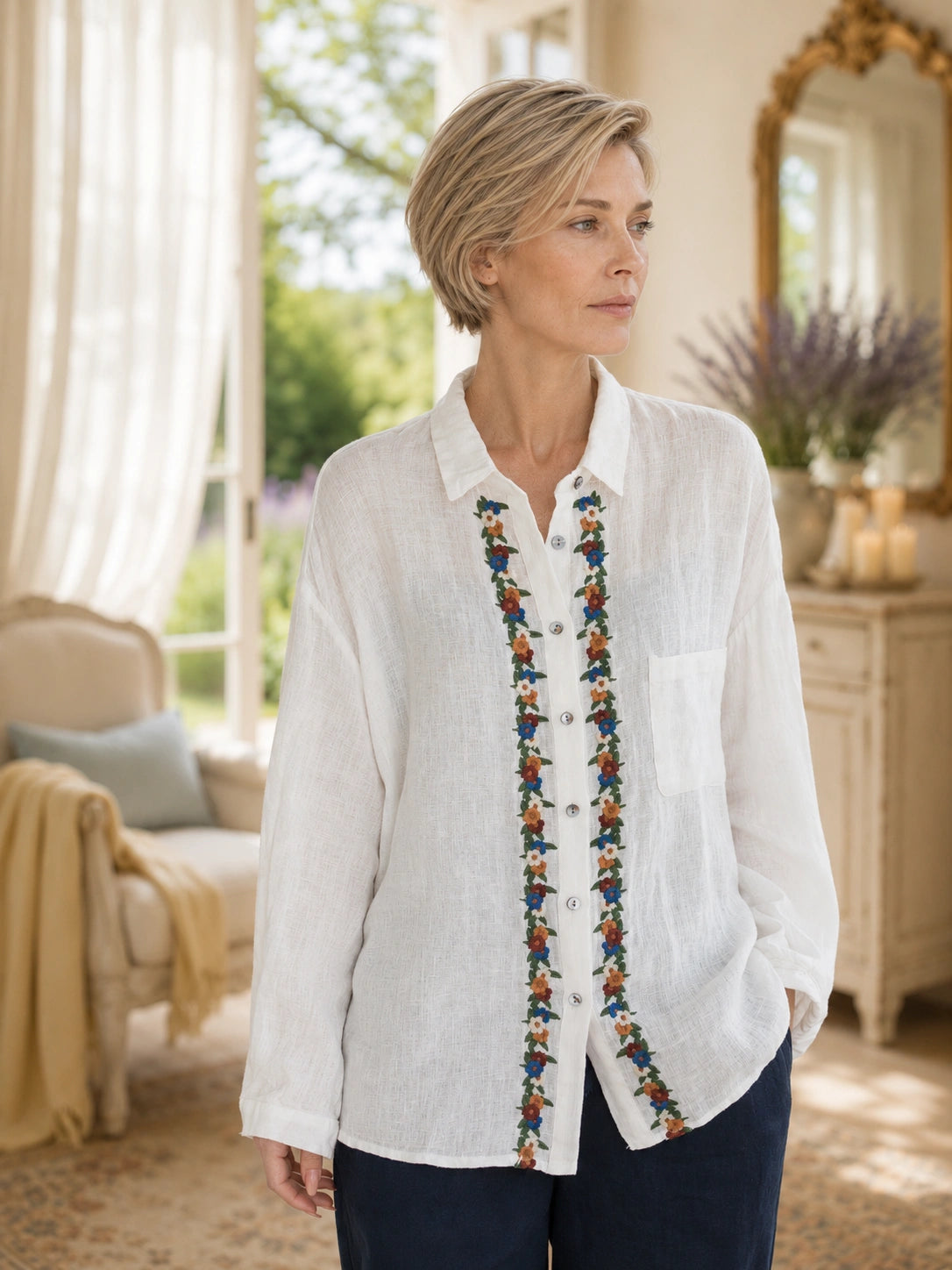 Relaxed 100% Linen Shirt with Dimensional Floral Embroidery
