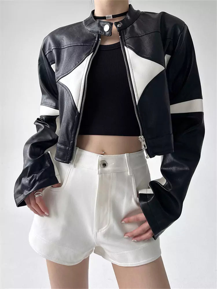 American Functional Color-Blocked Zippered PU Leather Jacket