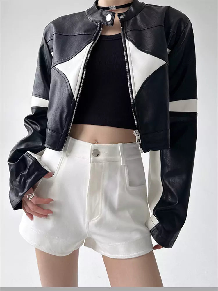 American Functional Color-Blocked Zippered PU Leather Jacket