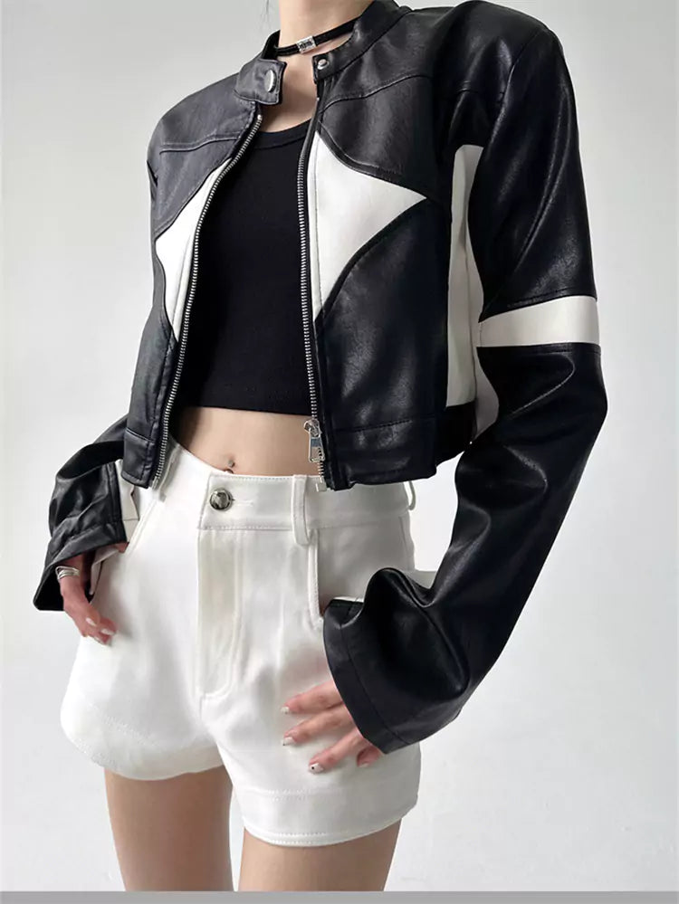 American Functional Color-Blocked Zippered PU Leather Jacket