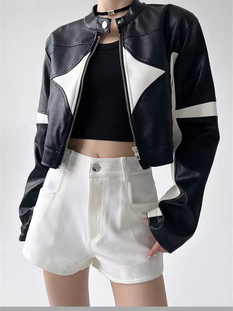 American Functional Color-Blocked Zippered PU Leather Jacket