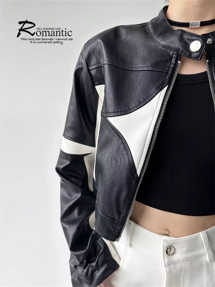 American Functional Color-Blocked Zippered PU Leather Jacket