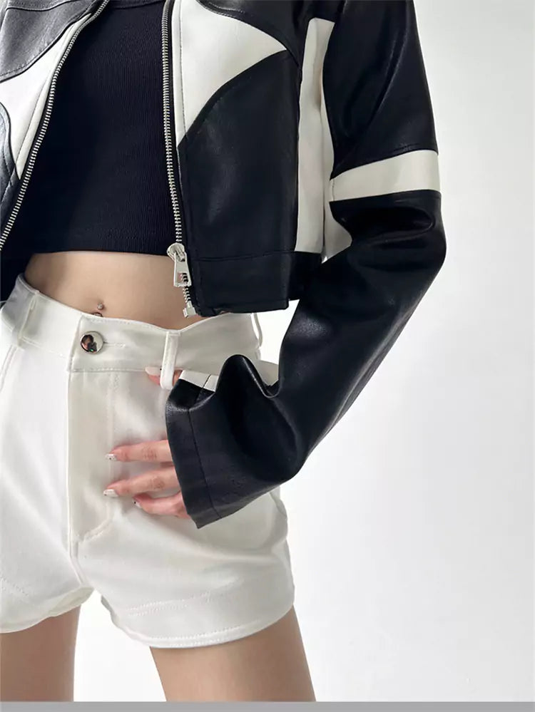 American Functional Color-Blocked Zippered PU Leather Jacket