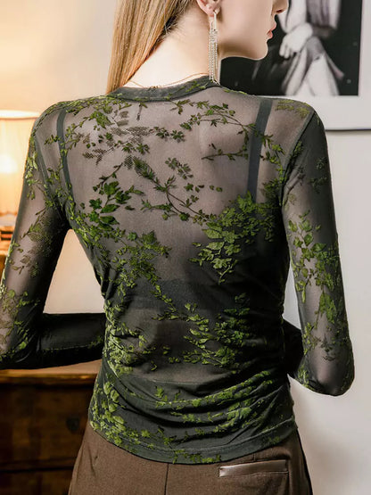 Netzoberteil mit Spitzenbesatz, Flockdruck und langen Ärmeln