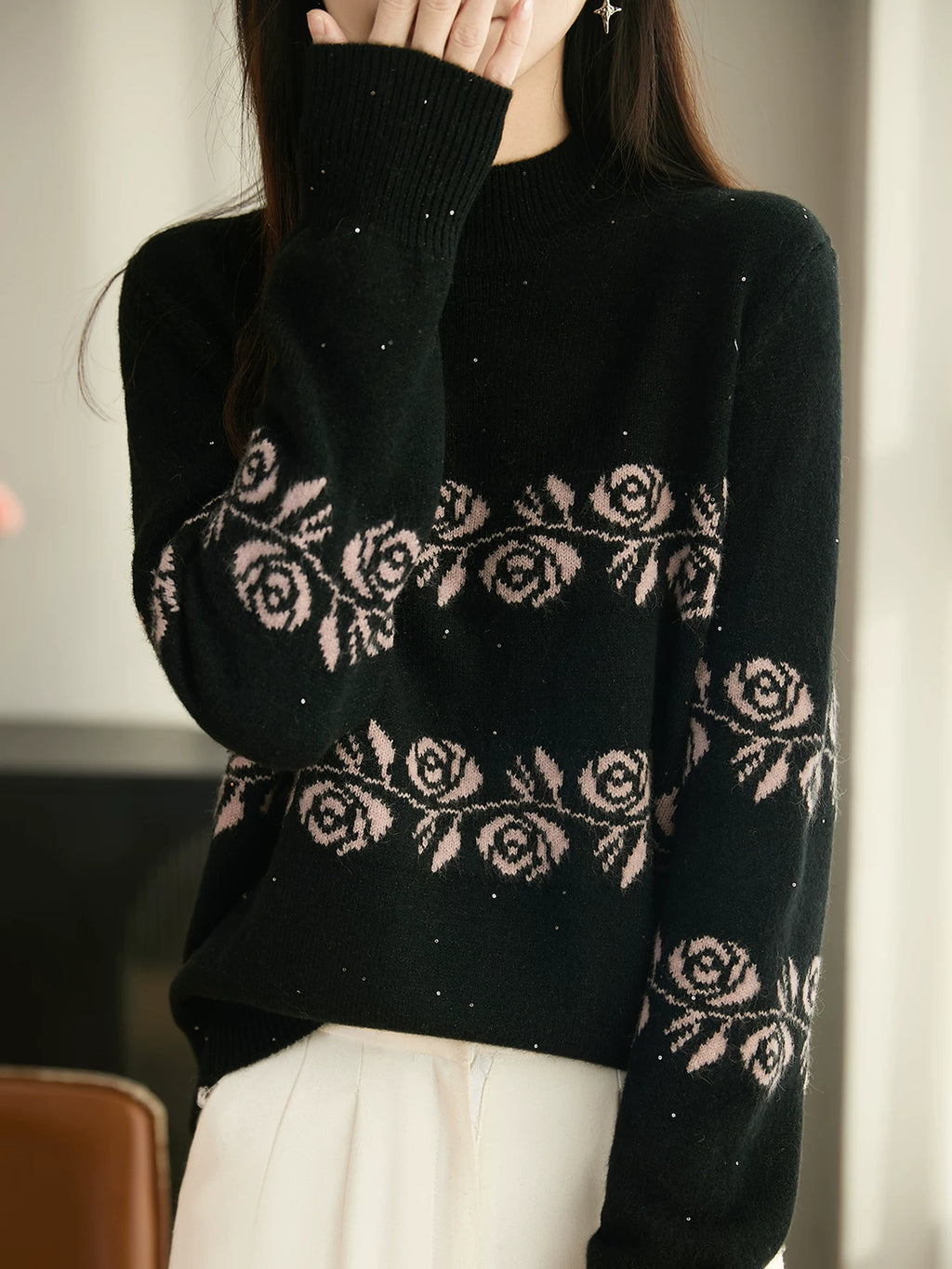 Floral Jacquard Knit Sweater, High-Neck Pullover in Black