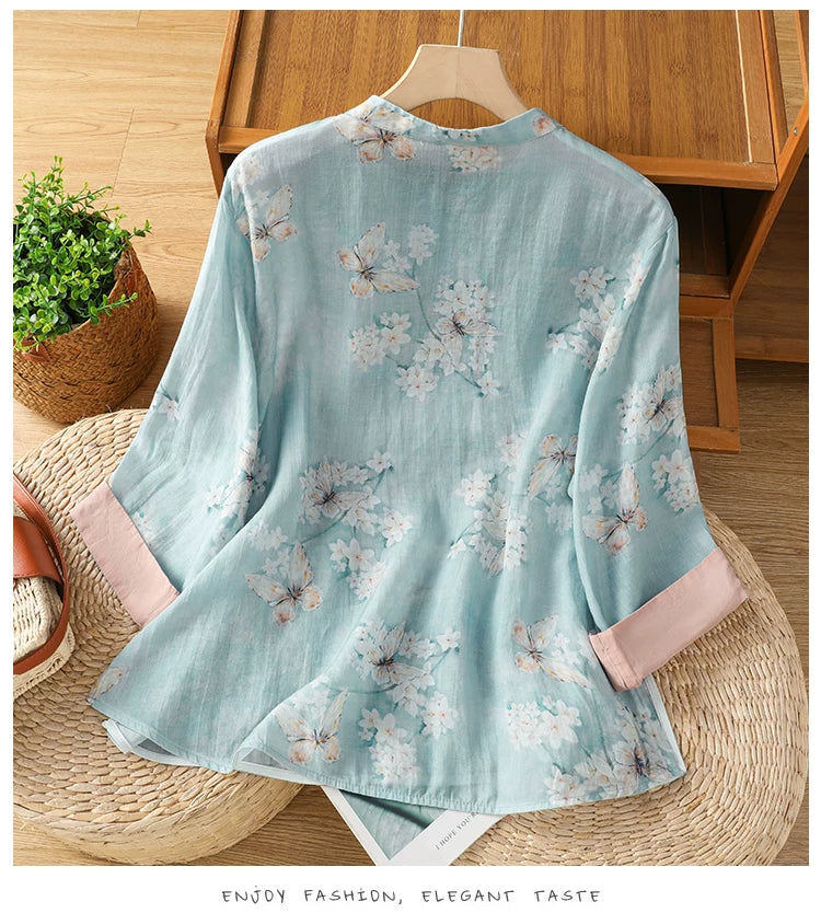 Floral Butterfly Print Three Quarter Sleeve Shirt