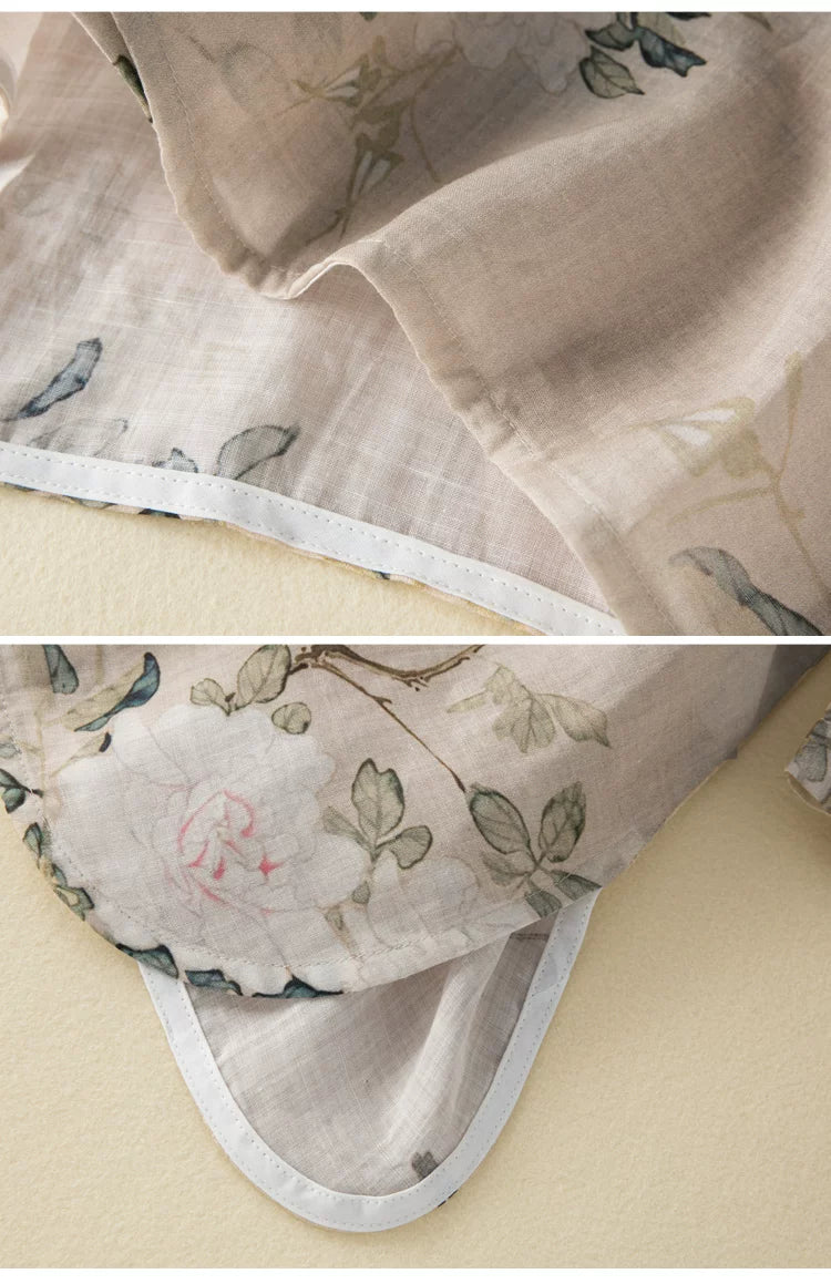 Botanical Bird Print Cotton Linen Three Quarter Sleeve Shirt