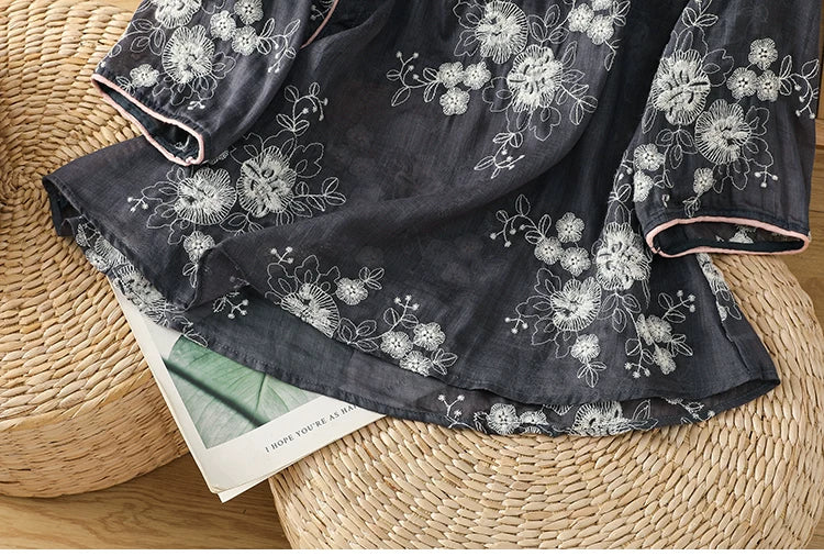 Embroidered Cotton Linen Three Quarter Sleeve Shirt
